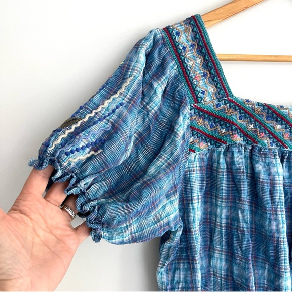 JOHNNY WAS Aimee Peasant Blue Multicolor Embroidery Puff Sleeves Top Shirt Sz M - Picture 7 of 16